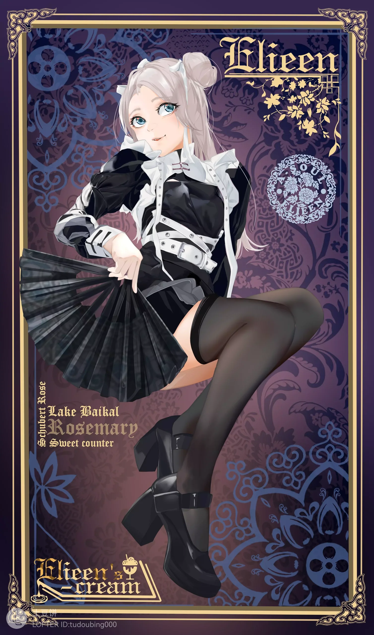 Original character art Elieen: silver-haired girl in black with a folding fan