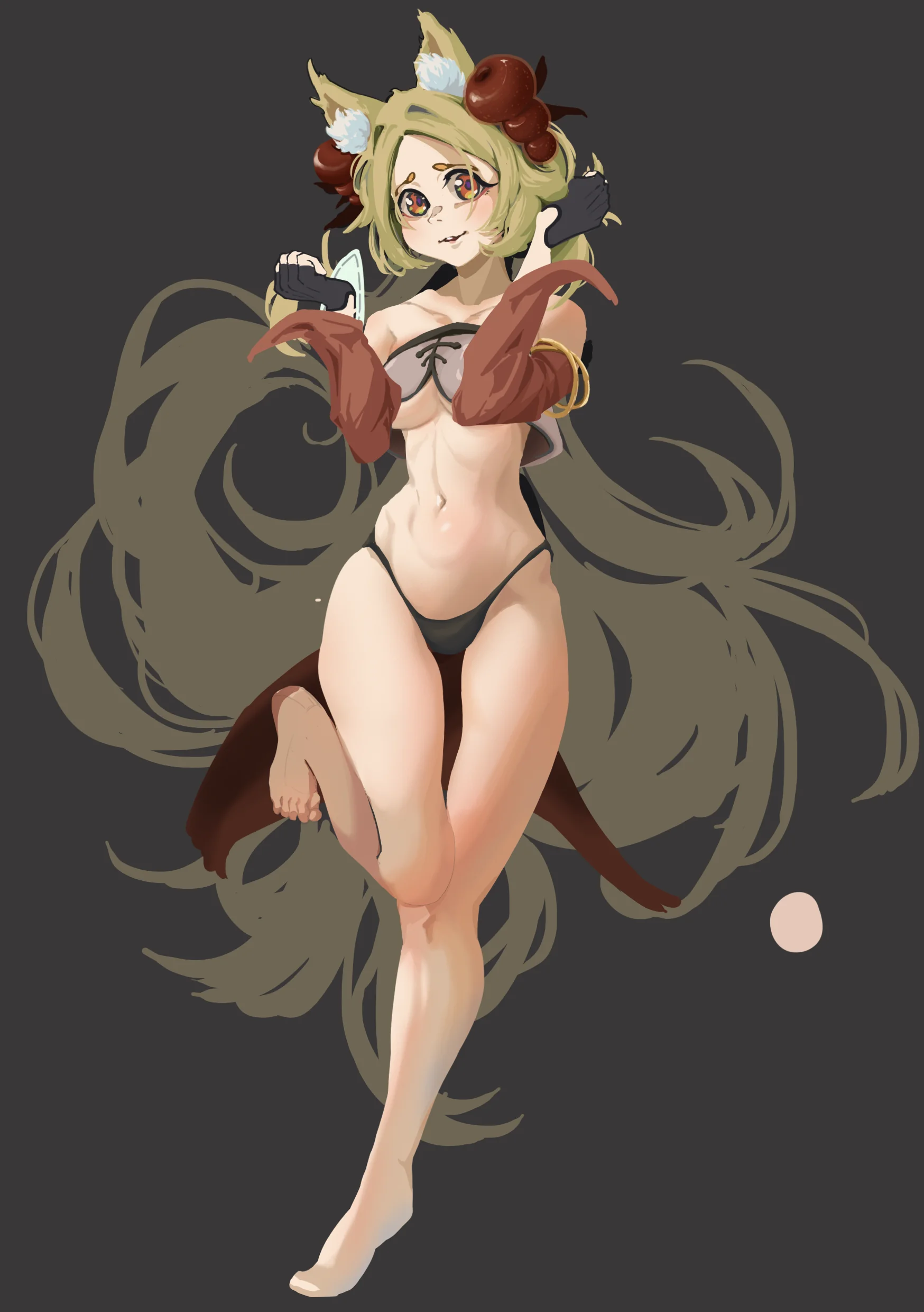 Beast-eared full-body art: green-haired horned girl with flowing hair